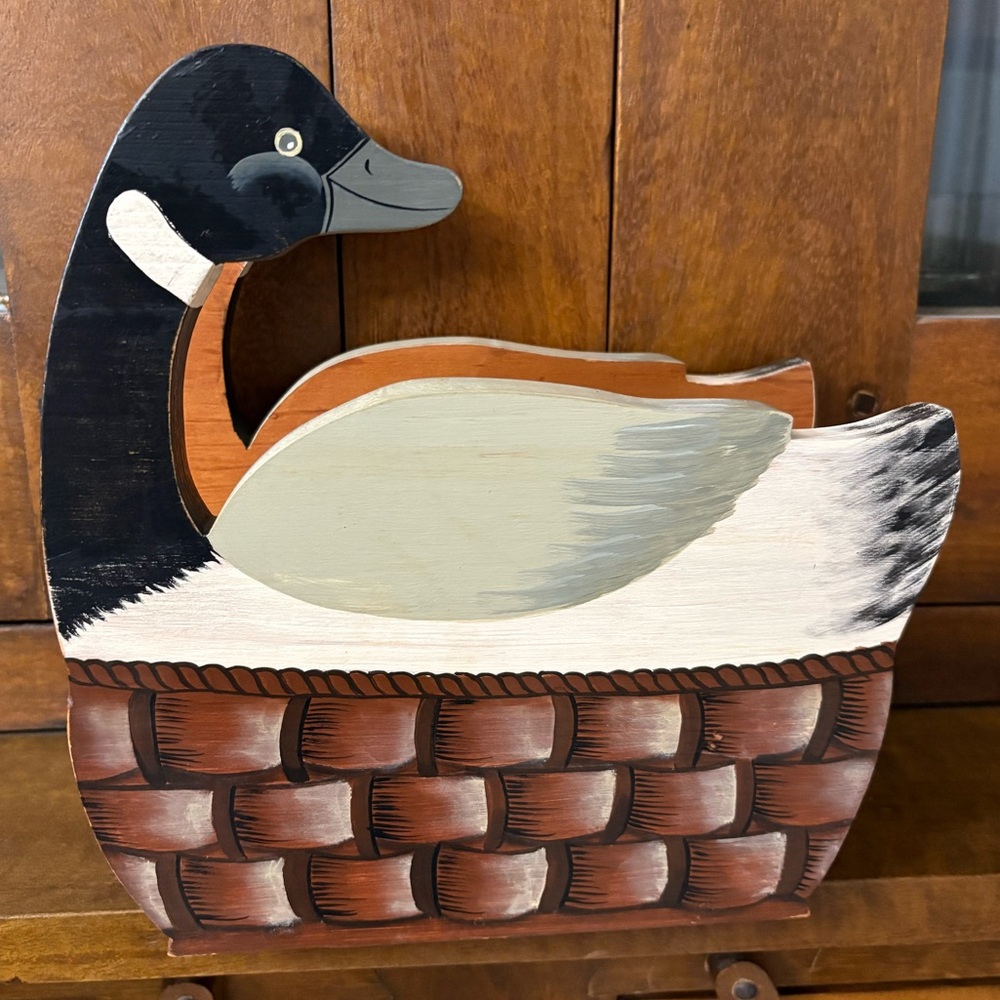 VTG Handpainted Wooden Goose in a Basket Napkin Holder Farmhouse Cottagecore